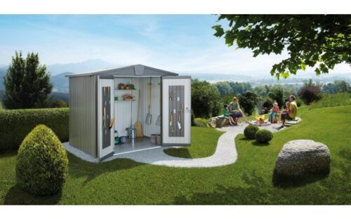 silber metallic garden shed with open doubledoors in a big garden