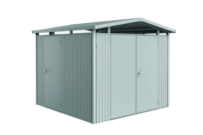 Silbernes Gartenhaus aus Metall mit Spitzdach und zusätzlicher Doppeltür.
