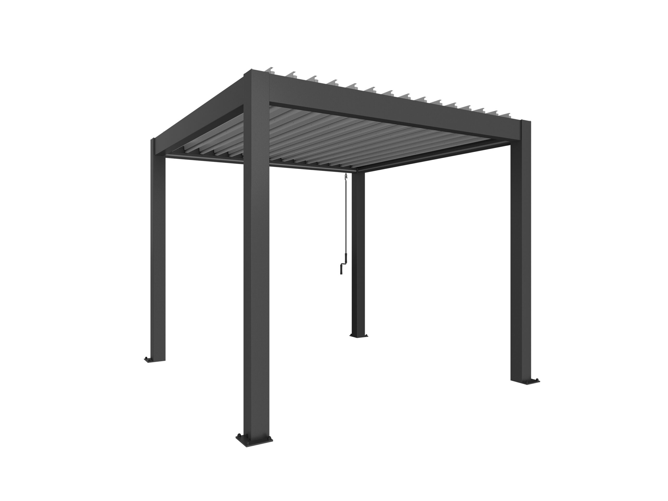 Freestanding, dark gray and silver metallic pergola