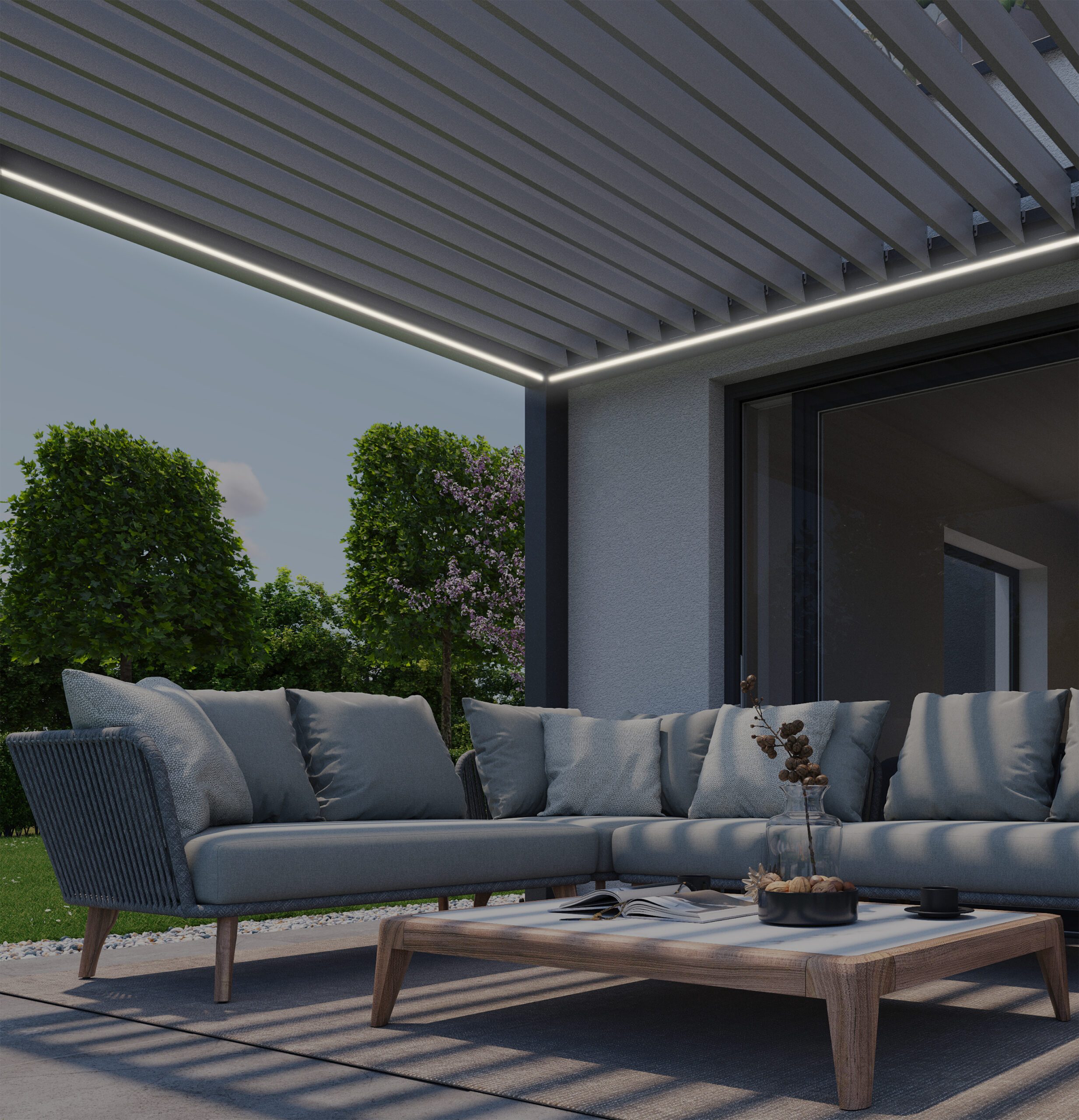Biohort_Pergola_4x3_dunkelgrau_LED-Beleuchtung_Detail_Zubehoer_Softub_Schweiz Gartenlounge unter Pergola mit silbernen Dachlamellen und LED Leuchte