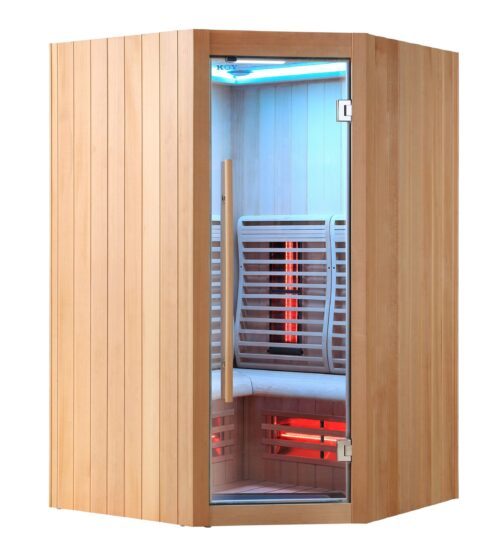 Grossel, helle Holz Infrarotkabine mit Eckeinstieg und Ganzglastür. Innen ist die Infrarotkabine mit hellblauem Licht beleuchtet.