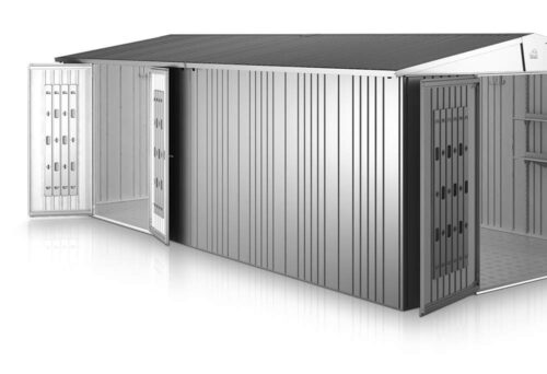 Zusätzliche Doppeltüre für Gerätehaus aus Metall auf der linken Seite.